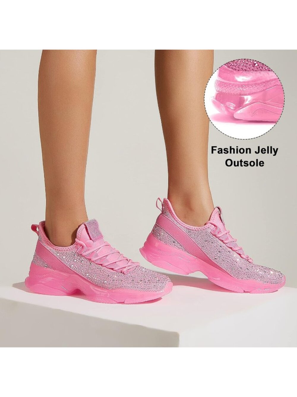 Women's Pink Rhinestone Mesh Slip On Breathable Spakle Glitter Sneaker Shoes - Picture 6 of 6